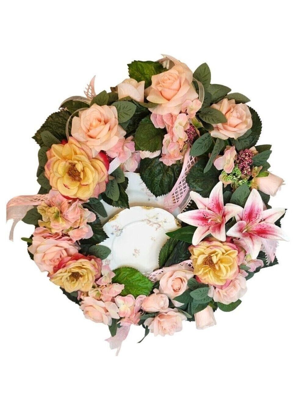 Pink Artificial Floral Wreath With Roses & Lilies For Home Decor